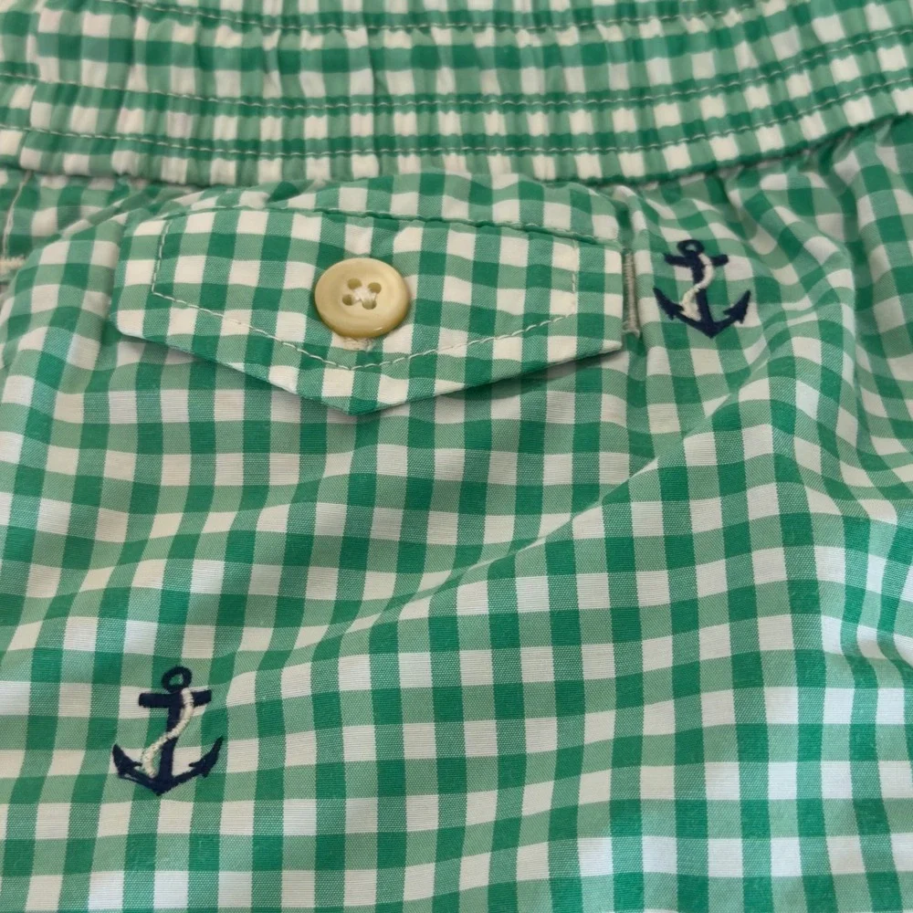 Polo Ralph Lauren Mens XL‎ Swim Trunks Green Gingham Anchor Embroidered Shorts